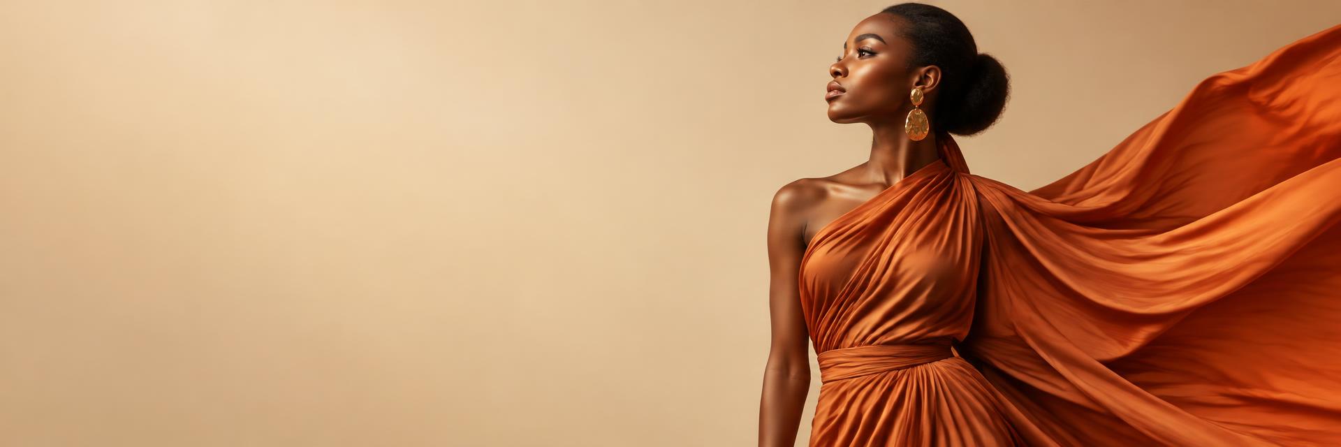 Femme en robe drapée terracotta